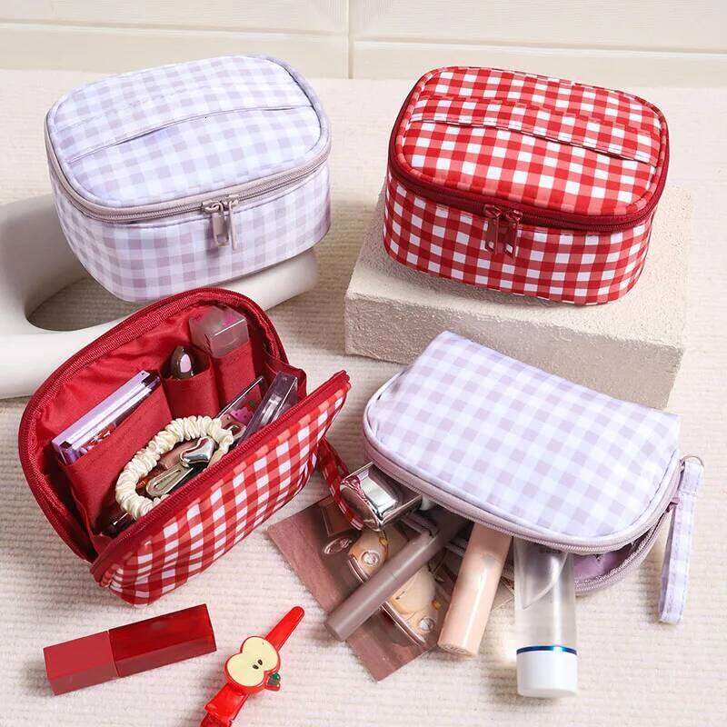 Cute Red Purple Plaid Handbag Zipper Travel Portable Cushion Case & Makeup Pouch Small Large Toiletry Cosmetic Bag for Women Y260206