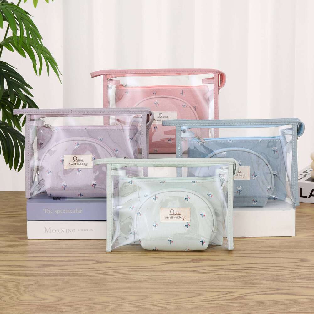 Transparent PVC canvas makeup Redwood and cotton three piece wash set Portable travel ladies' storage bag Y260206