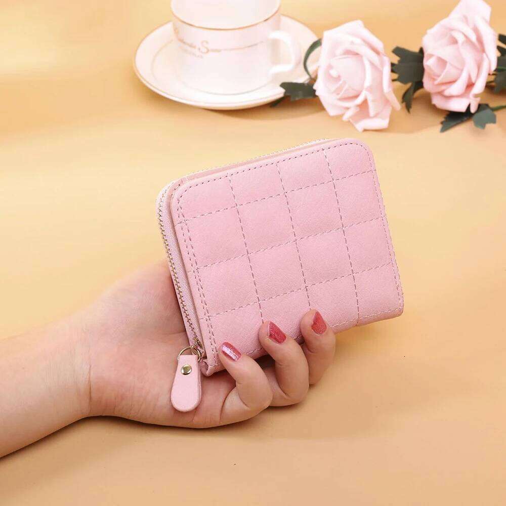 Women'S Card Holder Plaid Zipper Purse Coin Compartment PU Leather Short Wallet For Everyday Use Y260206