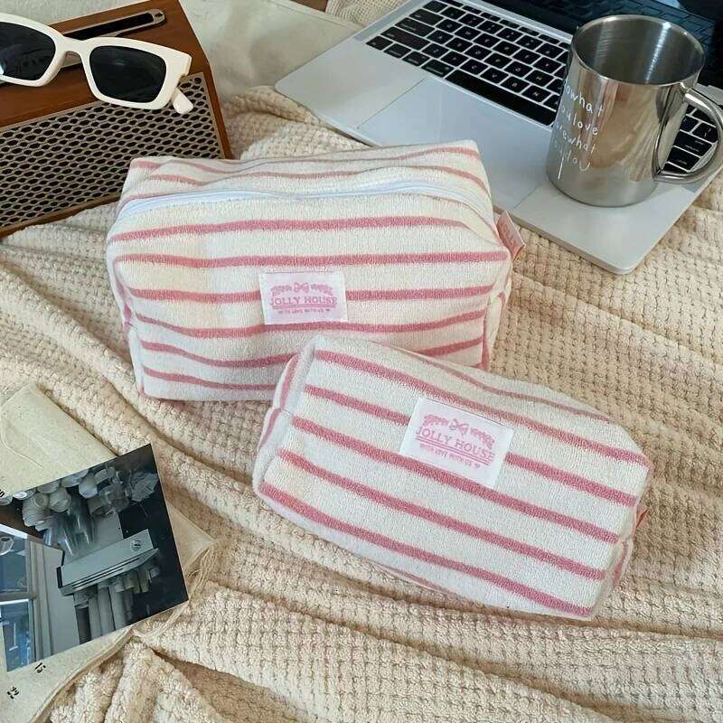 1pc Striped Makeup Bag Large Capacity, Travel Toiletry Organizer Pouch for Skincare Brushes, Women's Cosmetic Storage Y260206