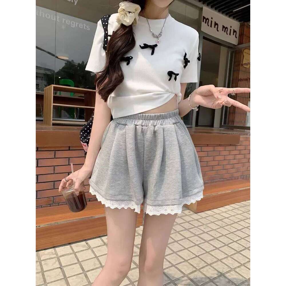 Shorts Women Lace Patchwork Solid Color High Elastic Waist Korean Fashion Sweet Casual Daily Loose Girlish Age-reducing Workout XJ260206