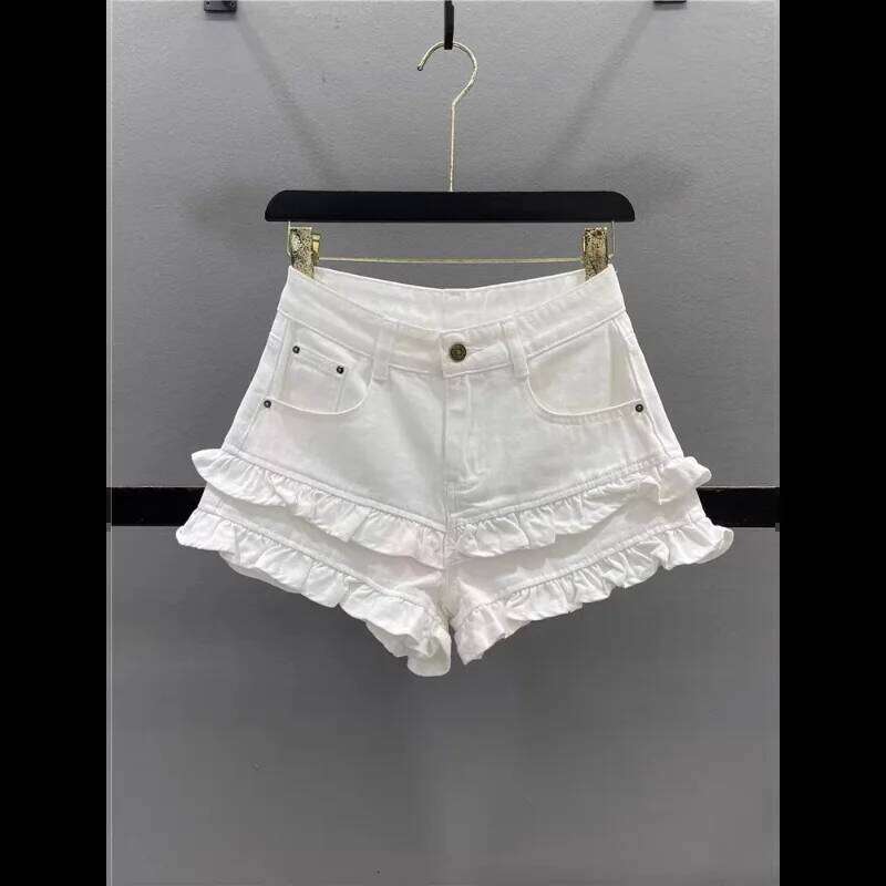 Sweet Fungus Lace Denim Shorts for Women 2025 New Age-reducing and Slimming A-line Wide-leg Hot Pants XJ260206