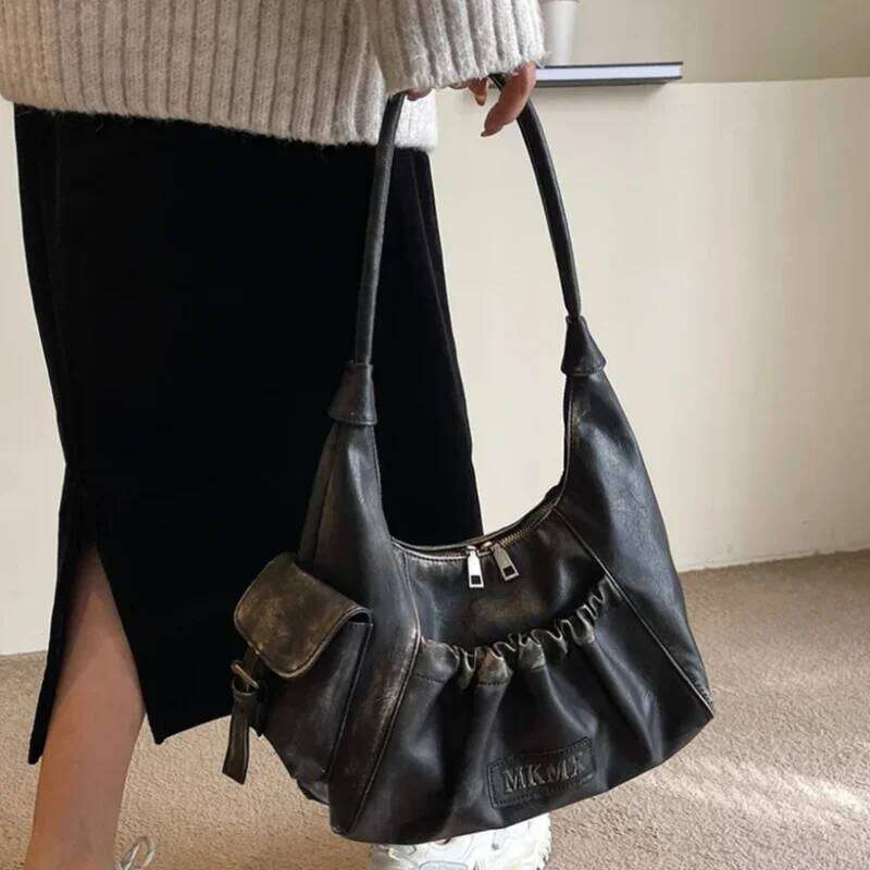 Distressed Vintage Shoulder Bags Women Pleated Y2K Design Large Capacity Retro Hobo Bag 2025 New Designer Handbags Luxury Y260205