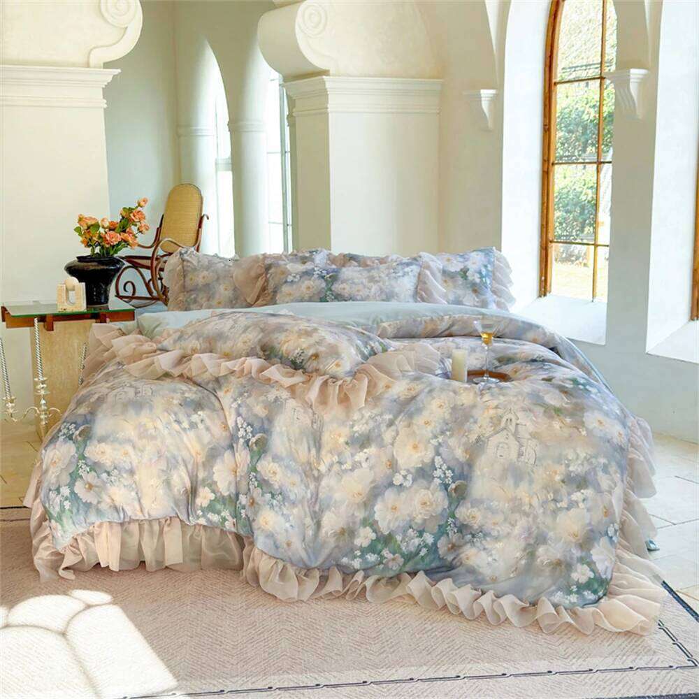 Flower Bedding Luxury Bedroom Decor Comforter Ruffles Duvet Cover Pillowcase Bed Sheet Washed Cotton Four Pieces Set XJ260206