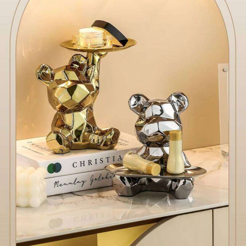 1 piece abstract ceramic electroplated bear with keys, cosmetic storage tray, and piggy bank bookshelf statue decoration. S260204