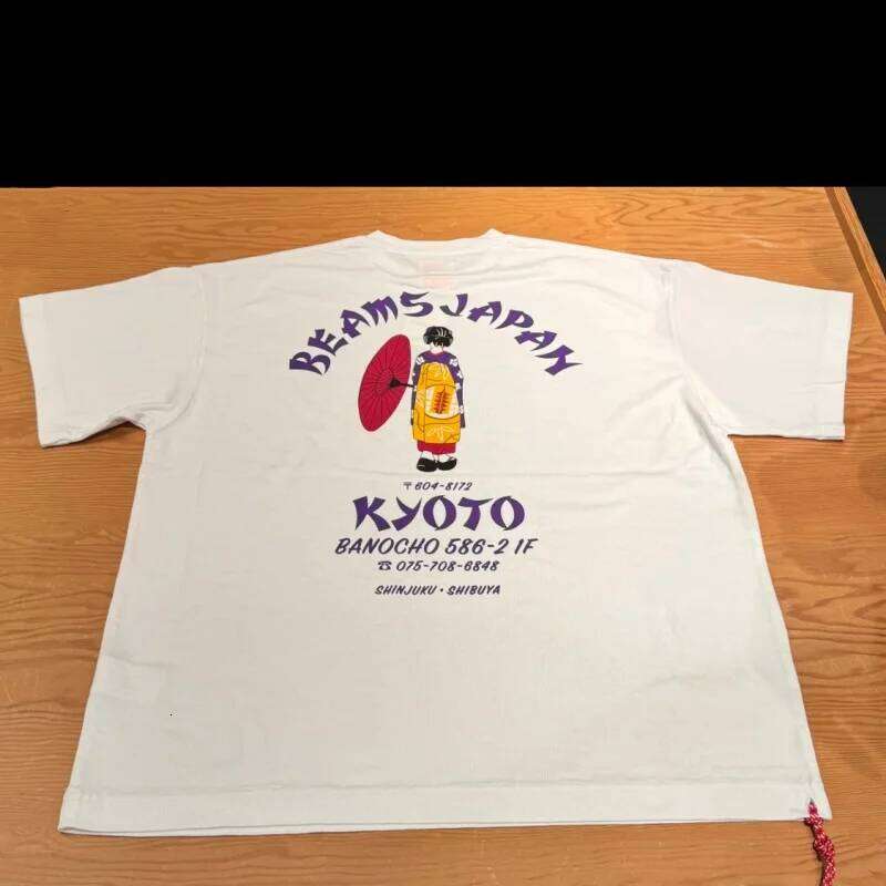 Japan Tokyo Street Cotton Fashion Beams Tshirt White Kimono Girl Print Letter Round Neck Top Casual Loose Men Women Short Sleeve X260207