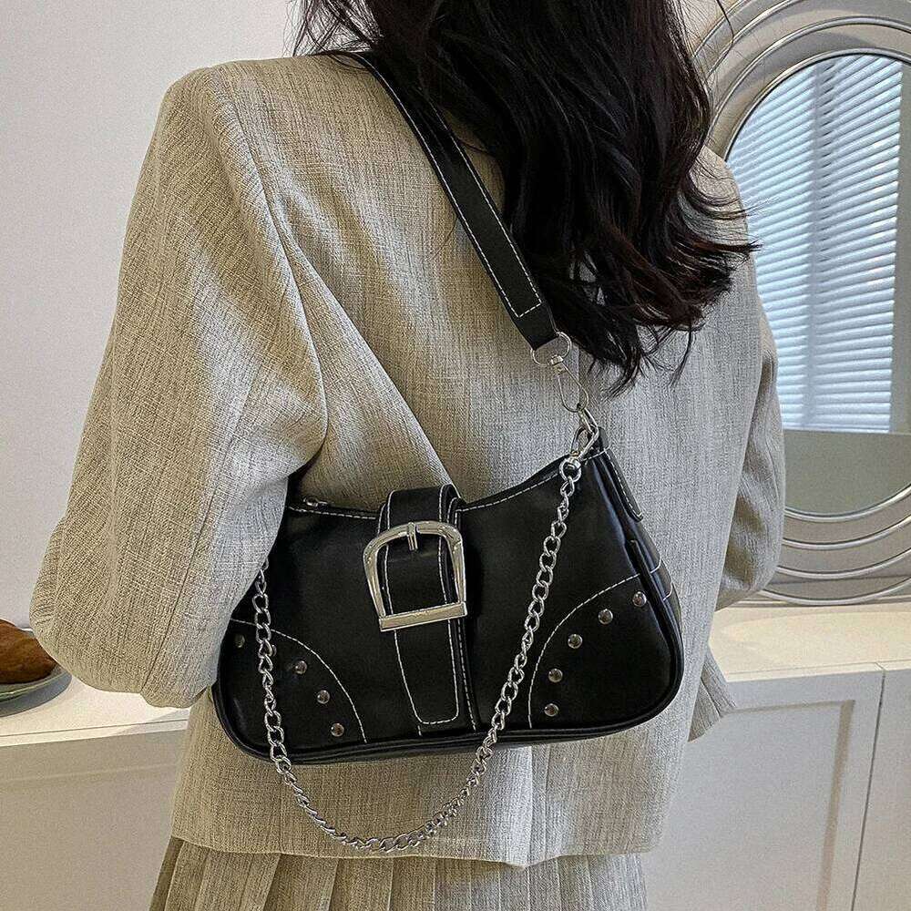 Female Grunge Shoulder Motor Gothic Y2k Chain Handbags Luxury White PU Lether Small Cool Purse Vintage Underarm Bag Z260207 - view 5
