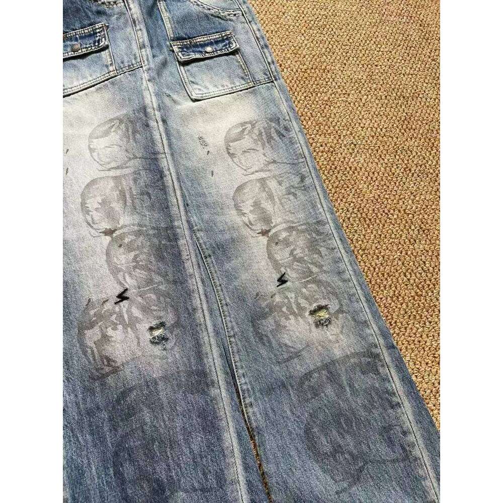Undercover Multi Personality Face Portrait Print Jeans Men Women Unisex Washed Distressed Hole Damaged Burr Micro Flared Pants 26L0507
