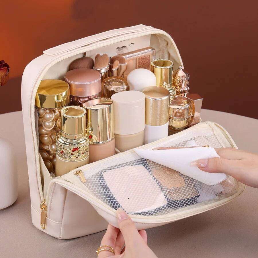 PU Standing Cosmetic Bag Portable Large Capacity Partitioned Makeup Organizer For Travel And Daily Use Y260206