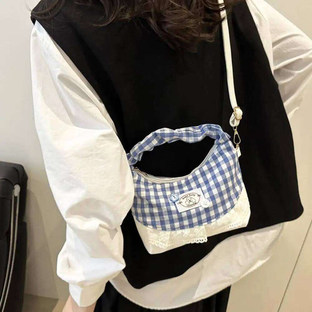 Bow lace Plaid Dumpling rid French Underarm pouch Tote bag Small Versatile Cute Sweet Canvas Shoulder Bag Z260207