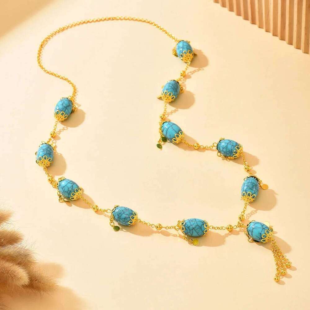 A Blue Oval Pendant Necklace With Ethnic Style Suitable For Formal Banquet Beach Party Or Wedding Dress Yuansiqi