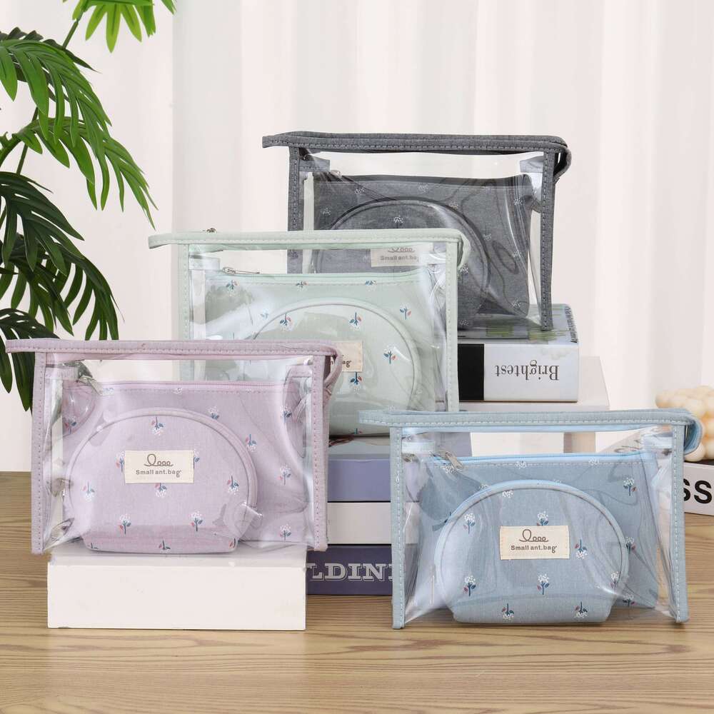 Transparent PVC canvas makeup Redwood and cotton three piece wash set Portable travel ladies' storage bag Y260206