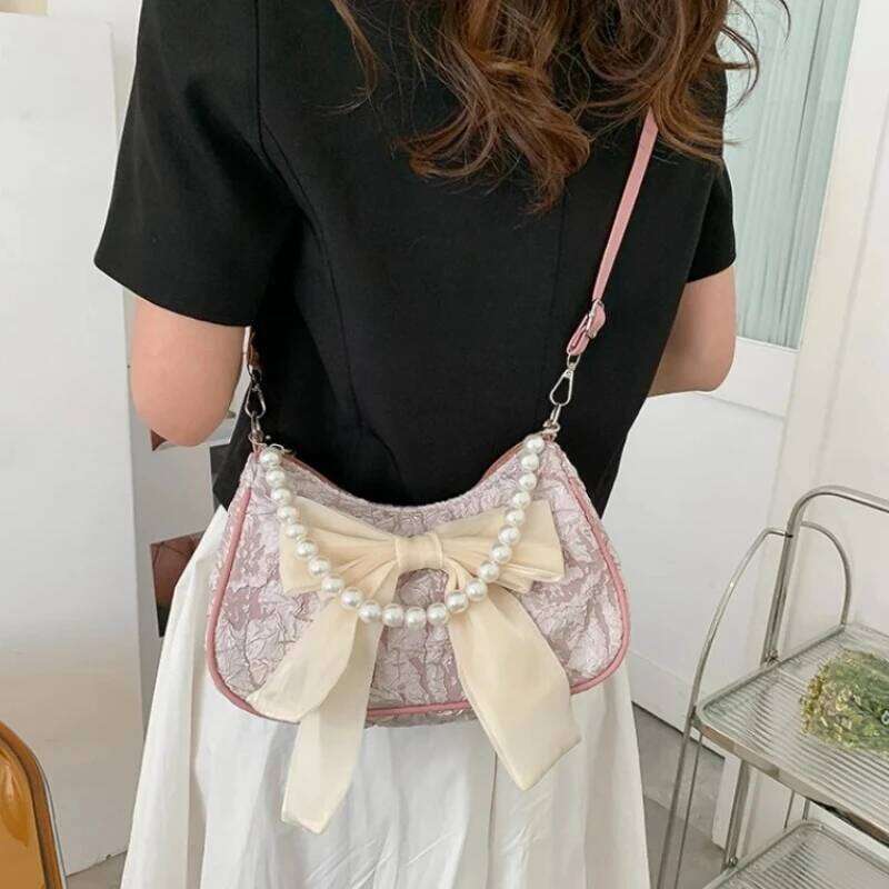 Women Retro Bow Single Shoulder Crossbody Bag Fashion Pearl PU Purse Handbag Y260205