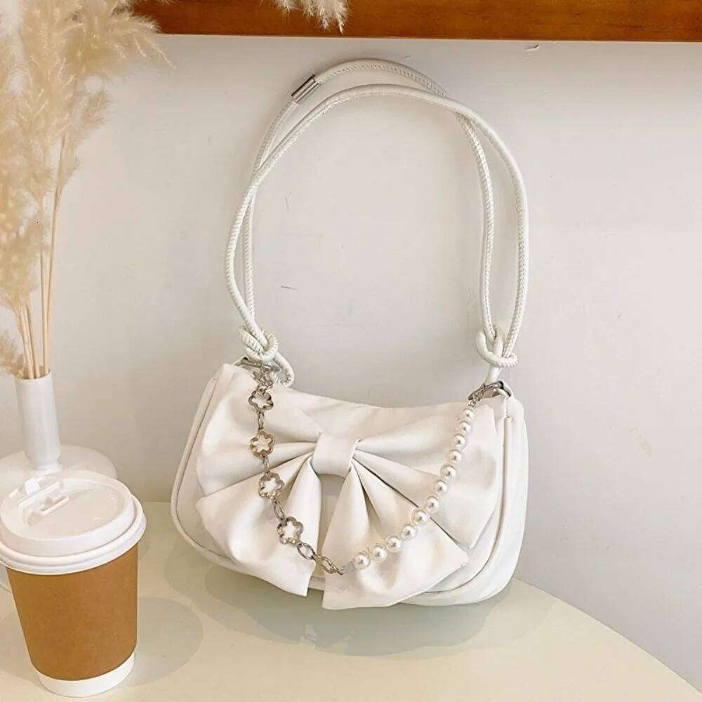 Casual PU Leather Bowknot Shoulder Pearl Solid Color Women Underarm Bag Korean Style Large Capacity Bow Handbag Shopping Z260207 - view 5