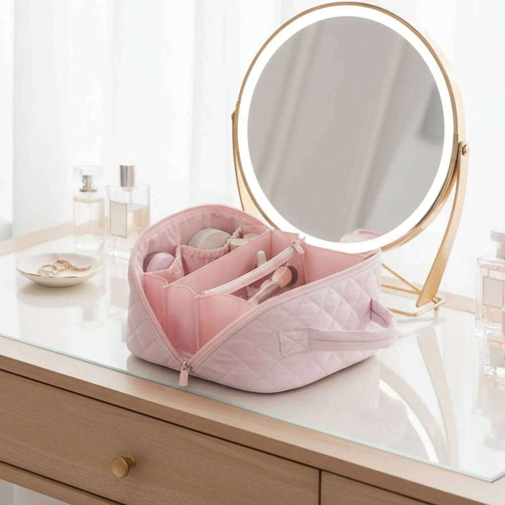 Open Flat Toiletry with Brush Compartment & Handle Organizer Pouch Wash Bag for Women Travel Makeup Y260206