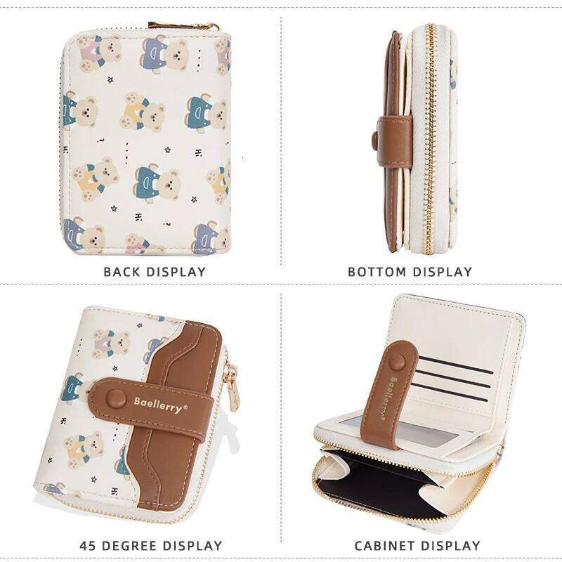 New Women'S Short Wallet Bear Print Multi-Slot Zipper Coin Purse Card Holder Bag Y260206