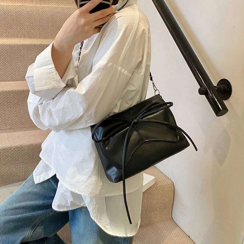 Fashion Bow Pleated Design Shoulder Bags for Women Versatile Ladies Square Crossbody Bag Solid Color Sweet Girls Pu Handbags Y260205