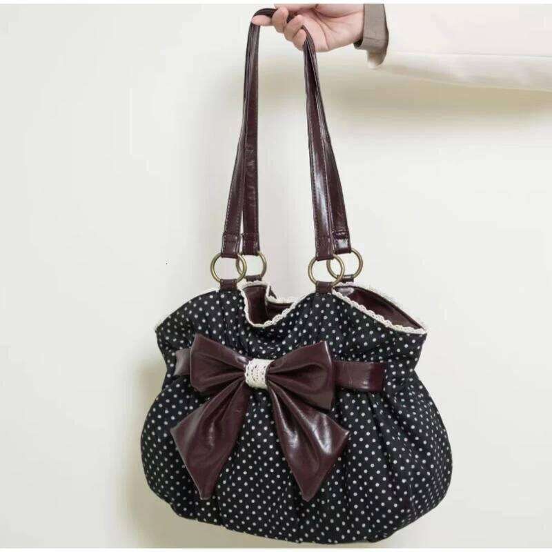 Vintage Y2k Polka Dot Bow Shoulder Japanese Sweet Underarm Stylish Cute Lolita Handbag Casual Versatile Plush Tote Bag Y260204