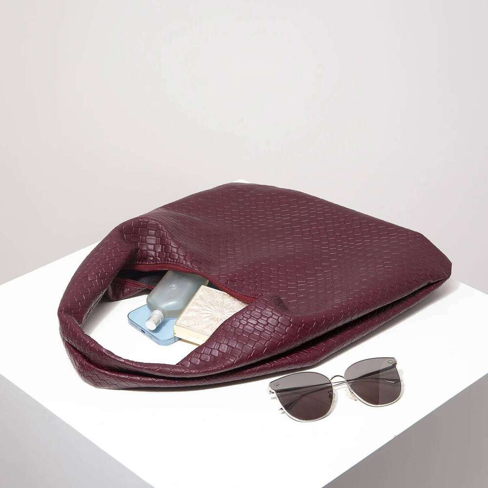 Vintage Faux Woven Leather Shoulder Women's Handbag, Large Capacity Tote Crescent Zipper Underarm Bag, Daily Commuter Bag Random Pattern Y260205