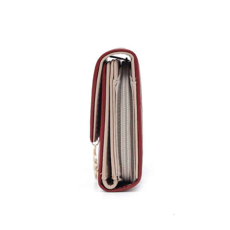 New style women's short purse, fashionable and versatile, PU checkered three-fold bag with personalized leaf pendant, student co Y260206