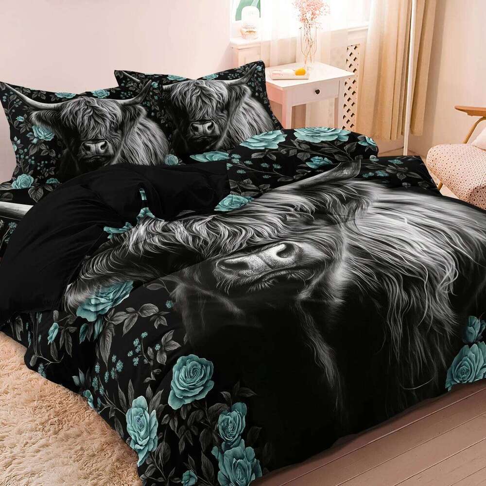 3pcs Highland Cow Pattern Set Fabric With Digital Animal Print 1 Duvet Cover And 2 Pillowcases No Quilt XJ260206