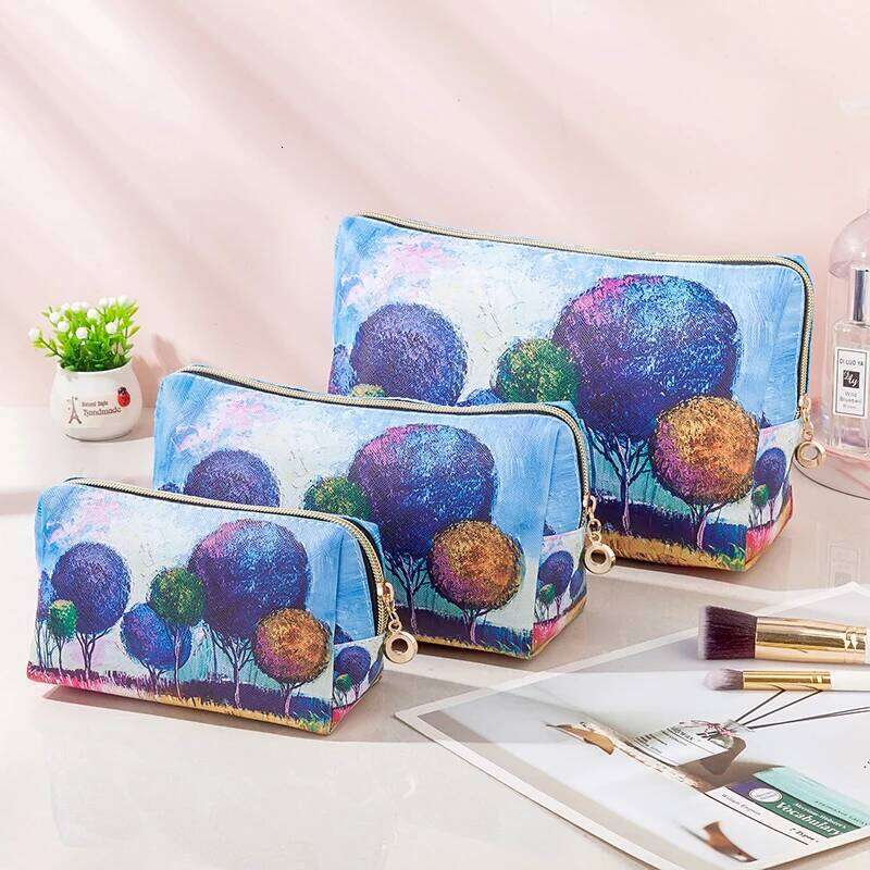 Oil painting style waterproof PU cosmetic Fashionable large capacity portable storage Multi functional makeup bag Y260206