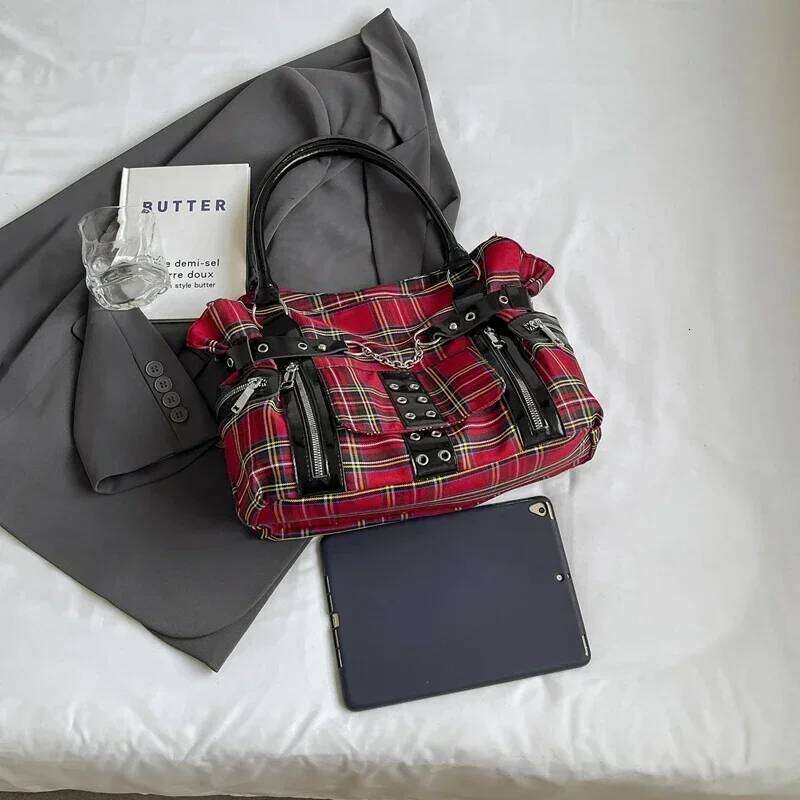 Fashion Trend Grid Gothic Punk Large Capacity Tote Bag2025Canvas Casual Commuter Versatile Shoulder Bag Bolsa De Un Hombro Mujer Y260205