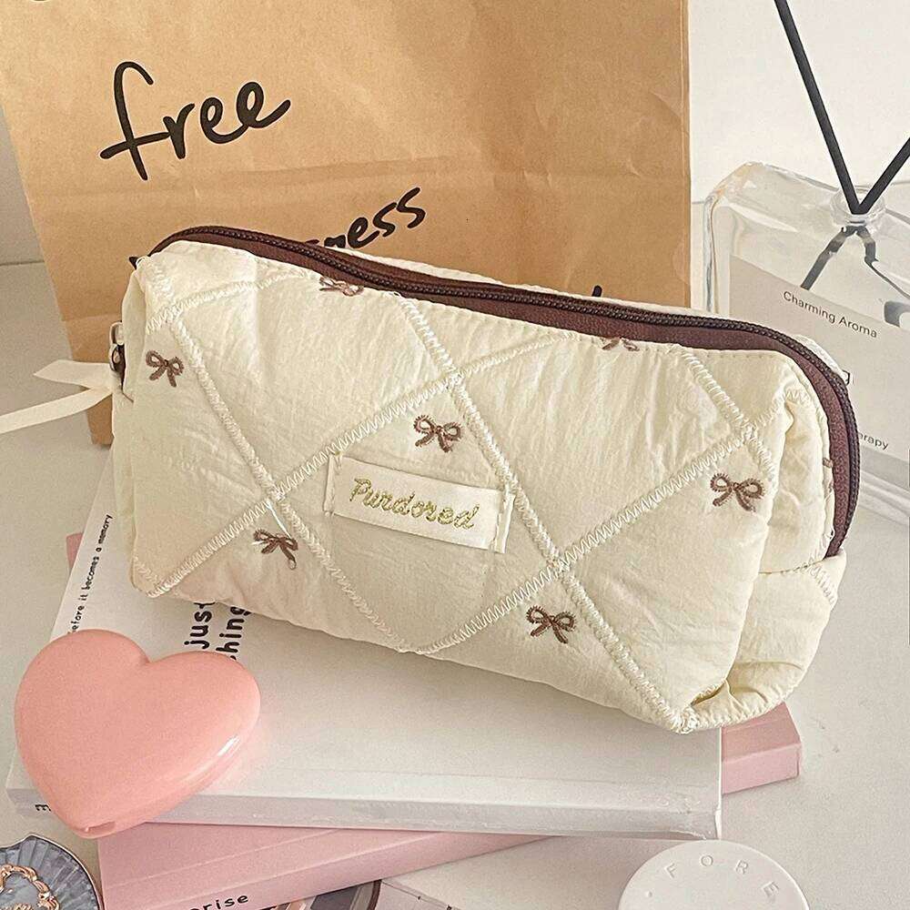 Fashion Brown Bow Cake Women Makeup Zipper Bag Large Capacity Tote Organizer Toiletry Cosmetic Pouch Ladies Make Up Handbag Y260206