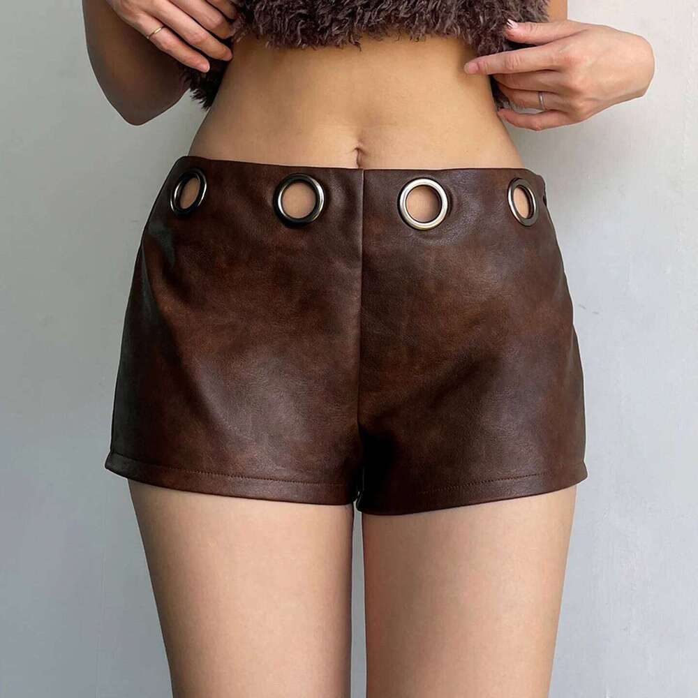 Autumn New Women's Brown Pu Leather Splicing Hole Waist Design Shorts Retro Personalized Fashion Hot Pants XJ260206
