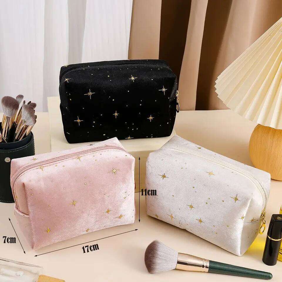 High Quality Portable Cosmetic Hot stamping star pattern with Zipper Make Up Storage Soft Velvet Women Toiletry Bag Y260206