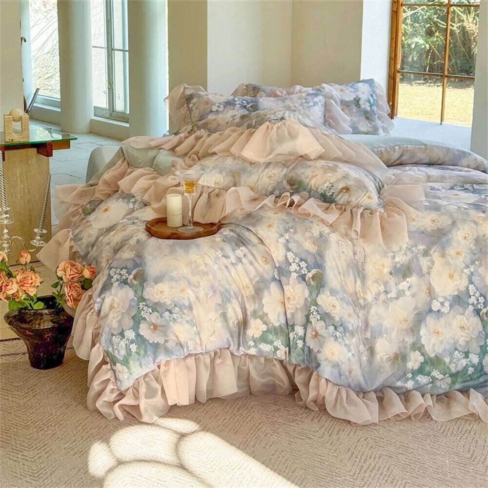 Flower Bedding Luxury Bedroom Decor Comforter Ruffles Duvet Cover Pillowcase Bed Sheet Washed Cotton Four Pieces Set XJ260206