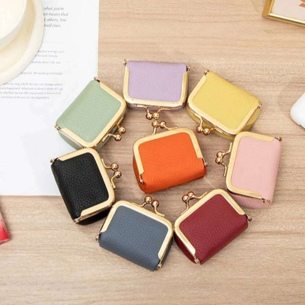 Genuine Kiss Lock Coin Purse Square Solid Color Leather Jewelry Mini Multifunctional Small Item Bag Earrings Y260206