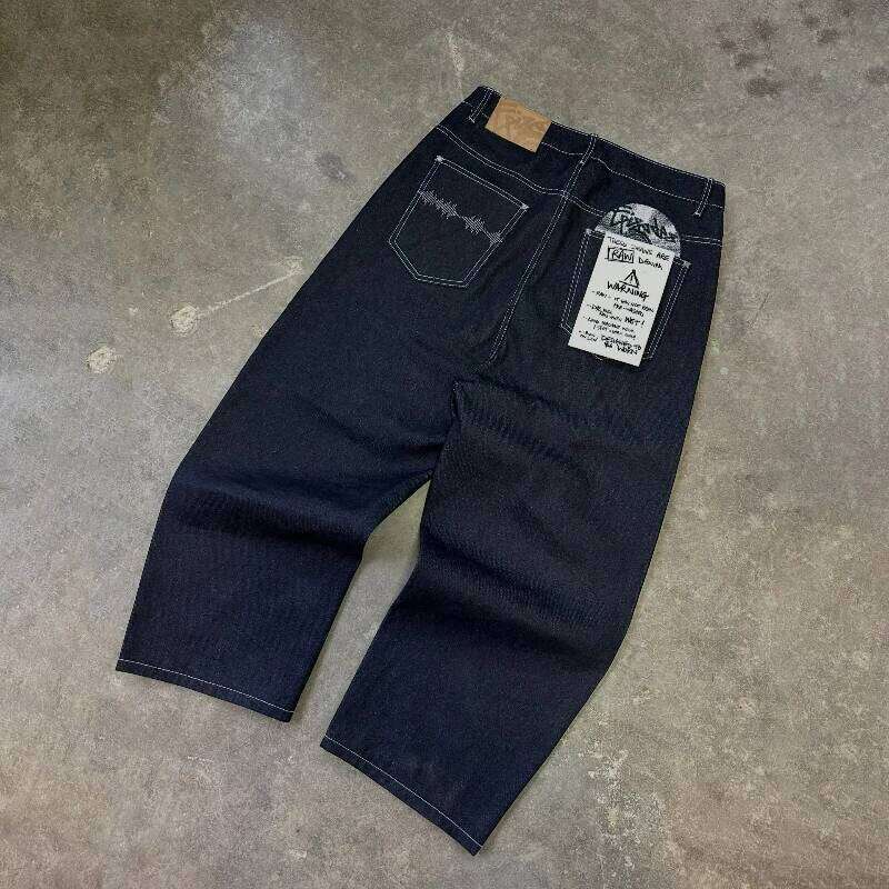 Vintage Raw Denim Trendy Disc Embroidery Couple Wide Leg Pants Hip Hop Harajuku Style Streetwear Unisex Casual Baggy Jeans X260207
