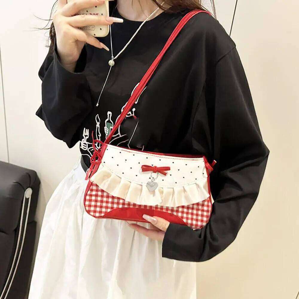 Sweet French Stick Handbag Black Contrast Color Plaid Bow Shoulder Bag Denim Blue Korean Style Cloth Underarm Bags Women Z260207 - view 6