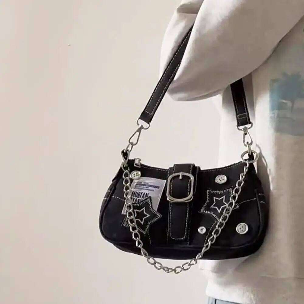 Y2K Star Embroidery Denim Shoulder Millennium Cowboy Underarm Purse, Button Decor Small Crossbody Bag, Cute Canvas Handbag Y260205