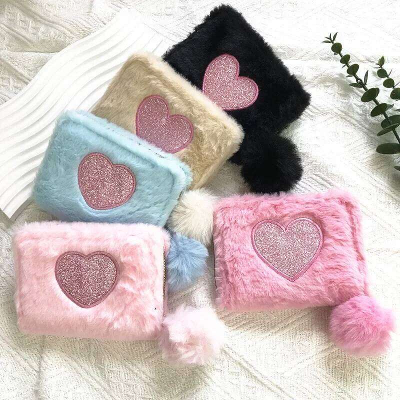 Girls Cute Plush Heart Print Children's Zipper with Holder Clutch Bag Mini Purse Coin Pouch Card Wallet Y260206