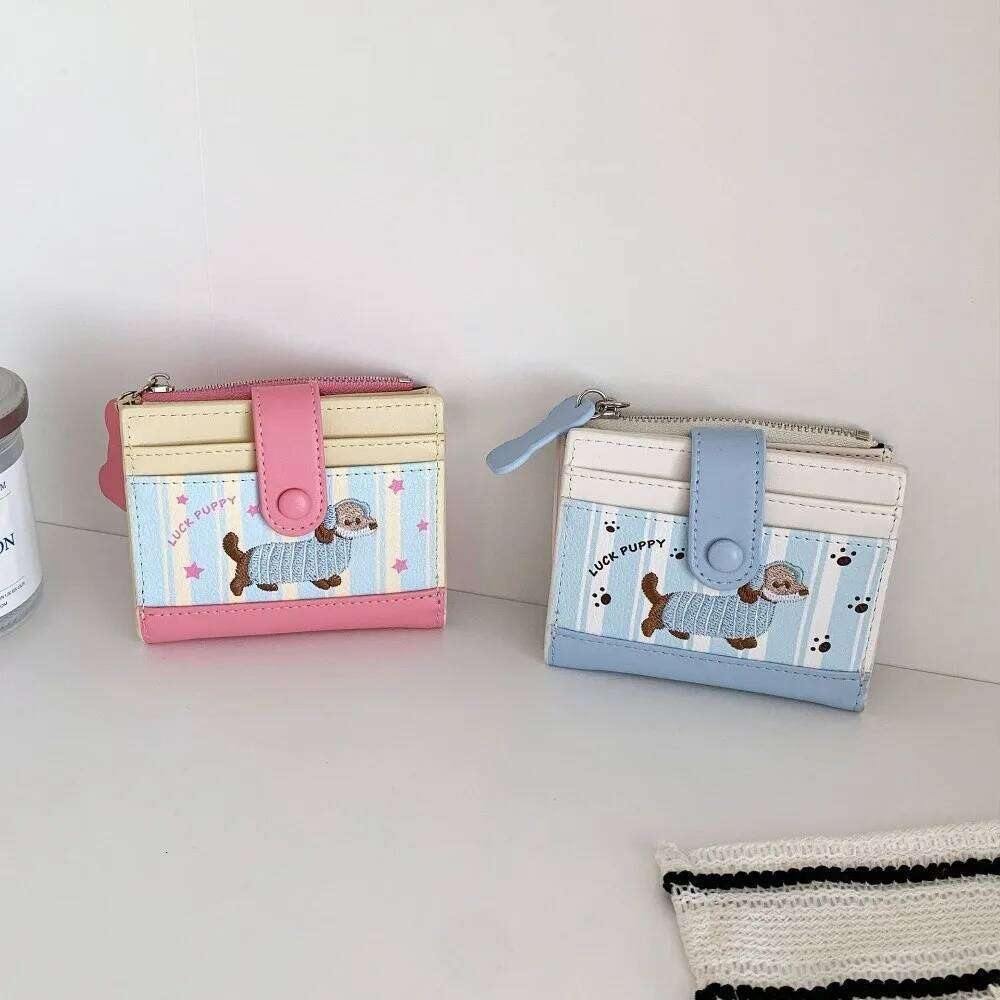 Ins Dachshund Embroidery Short Wallet Dopamine Color Zipper Card Bag PU Cartoon Dog Coin Purse Women Girl Y260206