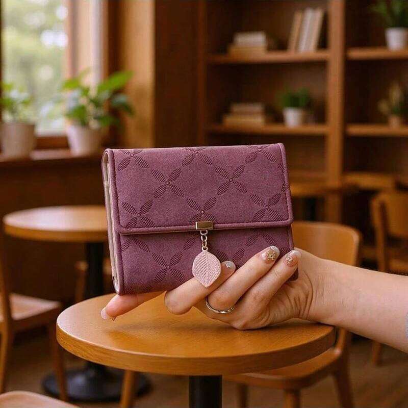 New women's high-quality PU leaf pendant three-fold bag multiple card slots folding student Coin purse multi-functional ban Y260206