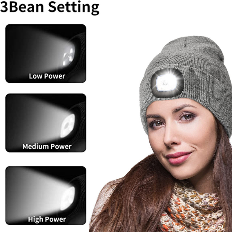 New Winter LED Recharge Beanie Kitted Hat Outdoor Cycling Sports Warm Pullover Windproof Cap For Men Women Solid Color