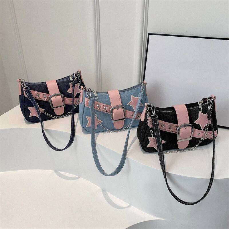 Fashion Women's Handbags Denim Stars Pattern Cool Girls Underarm Female Small Shoulder Hobo Bags Chain Tote Bag Z260207 - view 6