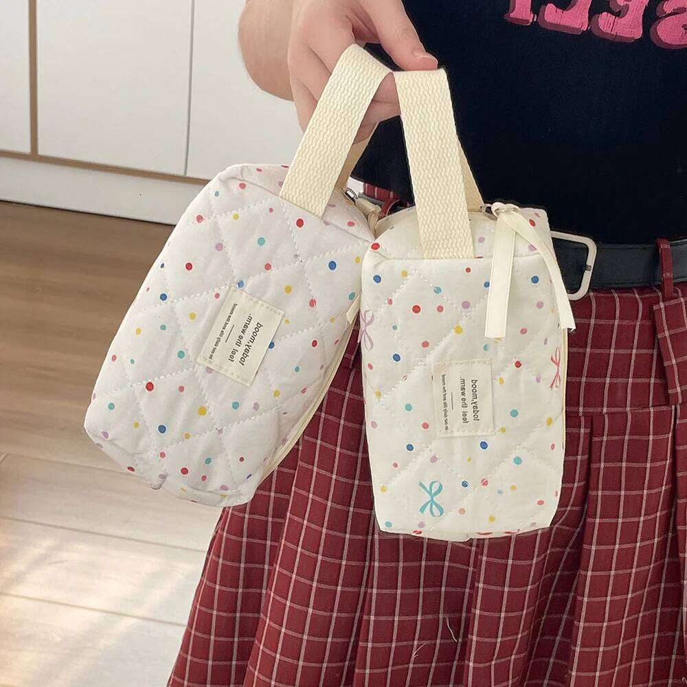Point Bowknot Fashion Women Quilting Clutch Tote Portable Makeup Cosmetic Storage Handbag Cute Girls Cotton Zipper Bag Y260206