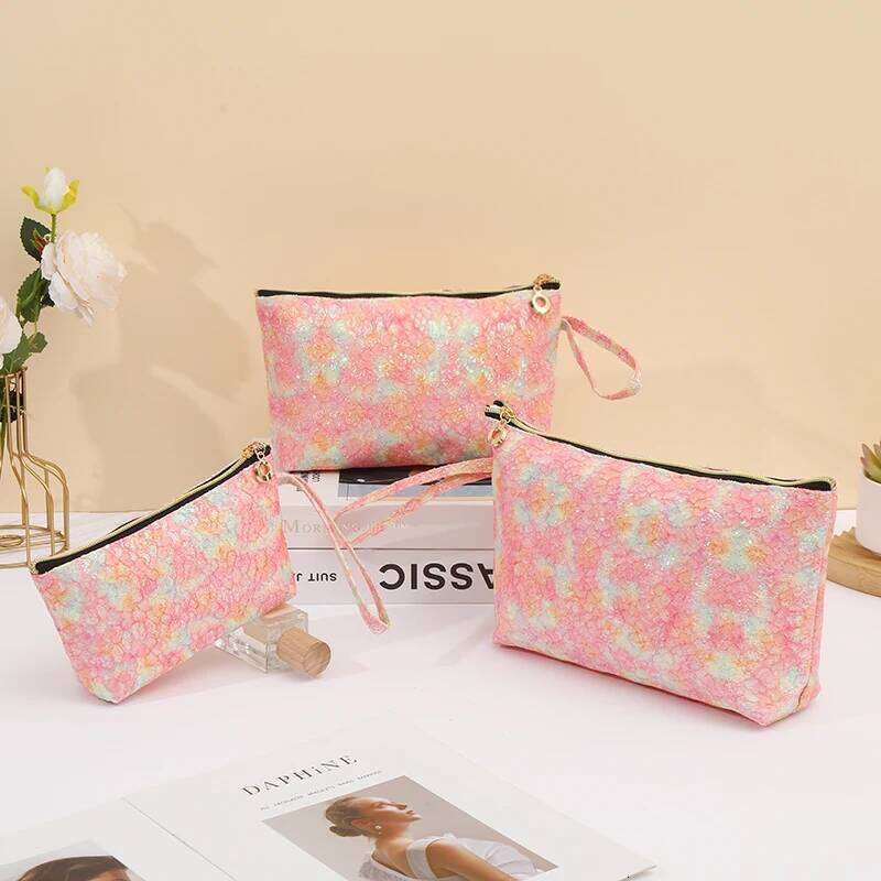 Large Capacity Zipper Lace PU Women's Makeup Fashion Portable Sequin Travel Waterproof Toiletries Storage Bag Y260206