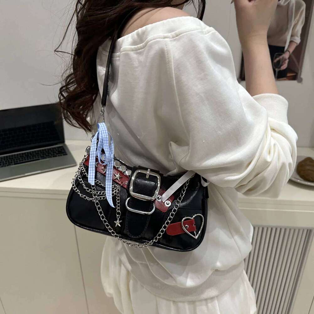 Women Y2K Hobo Shoulder Vintage Rivet Handbag Gothic Punk Small Crossbody Bags Fashion Bows Underarm Pouch Retro Armpit Bag Y260205