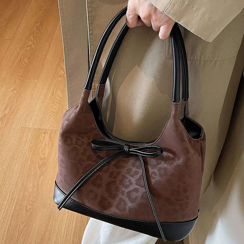 2025 New Trendy Bowknot Leopard Tote Color Block Patchwork Underarm Handheld Bag Versatile Commuter Shoulder Bags Handbags Y260205