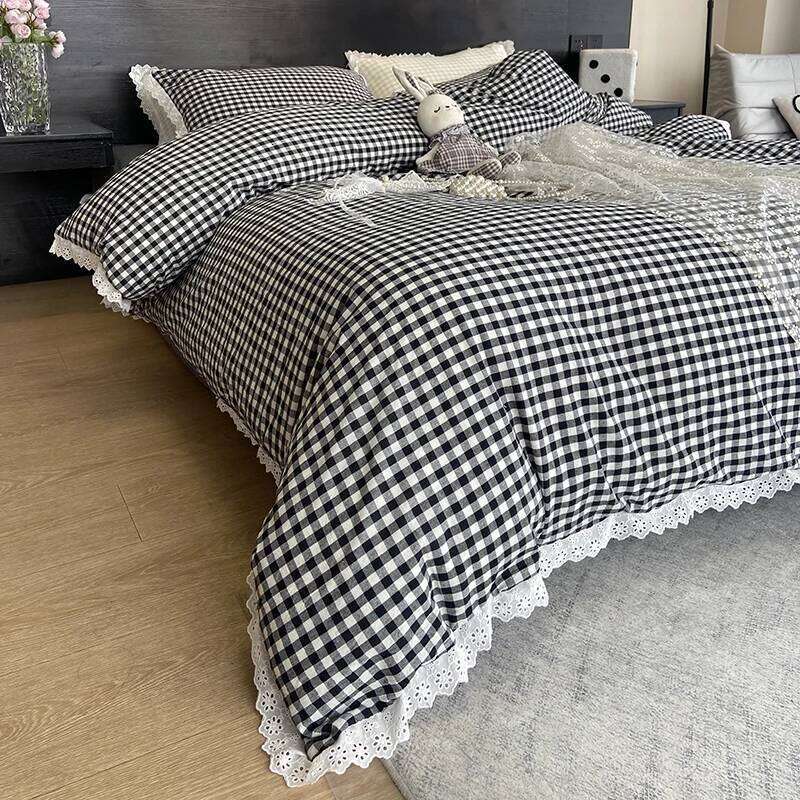 3pcs Black white plaid Duvet cover set 1*Duvet Cover + 2*Pillowcase, Without Core, lace Bedding Set, Soft Comfortable XJ260206