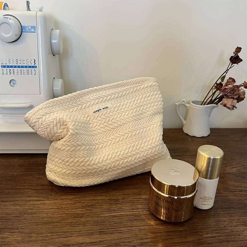 Rice Grain Pattern Woven Fabric Handbag, Women'S Travel Cosmetic Storage Organizer, Makeup Pouch, Zipper Closure, Toiletry Bag Y260206