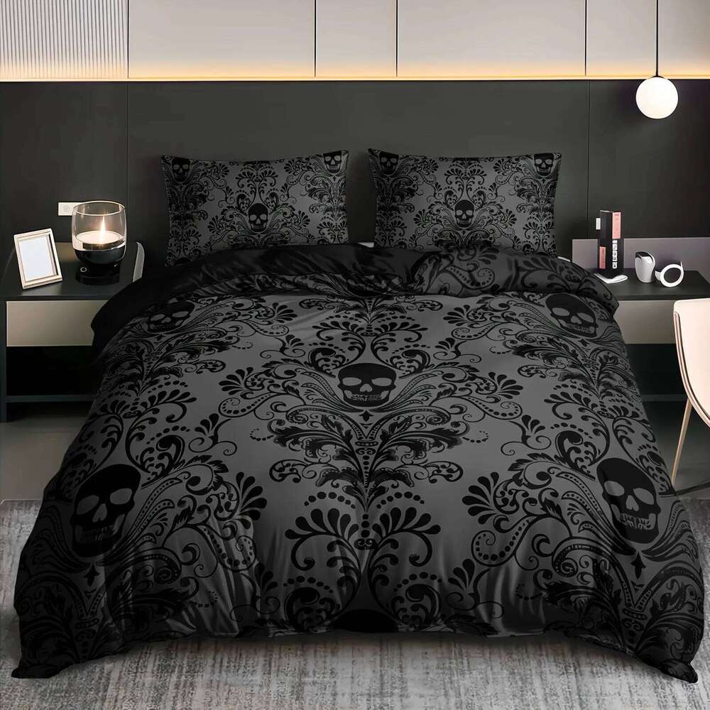 Black Damask Comforter Exotic Sugar Skull Duvet Covers Gothic Vintage Floral Skeleton Bedding Set Bohemian Quilt Cover XJ260206