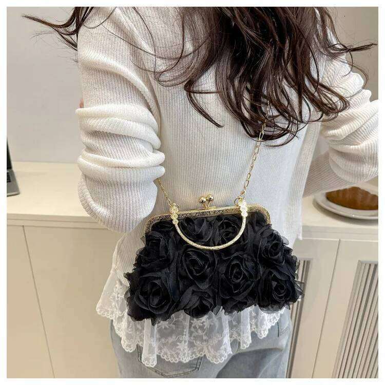 Chiffon Rose Flower Shoulder Evening Bags for Women Luxury Ladies Chain Crossbody Bag Solid Color Female Clutch Handbags Purse Y260205
