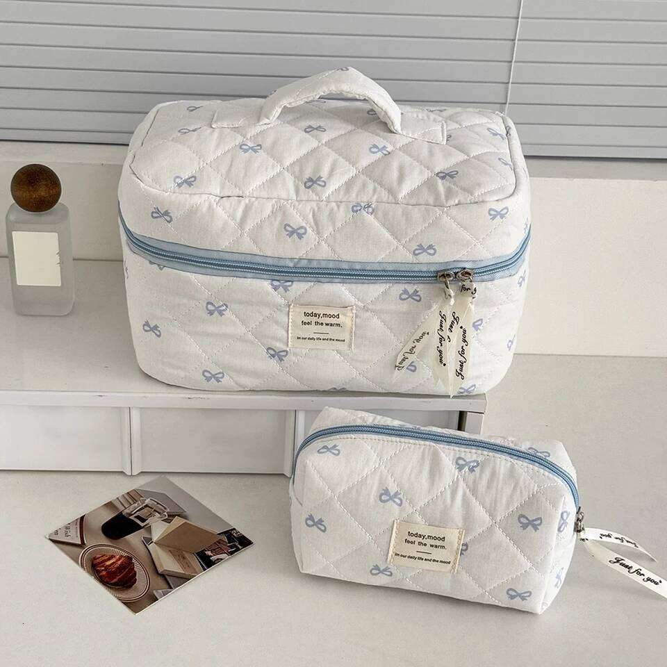Fashion Blue Bow Quilted Women Cosmetic Large Capacity Storage Handbag Travel Pouch 3 Type Ladies Zipper Makeup Bag Y260206