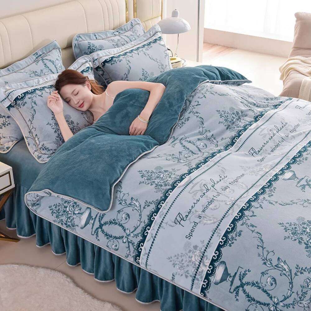 Winter Warm Floral Printed Bedding Milk Velvet Queen Anti-static Thickened Duvet Cover Pillowcase Bed Skirt Four Piece Set XJ260206